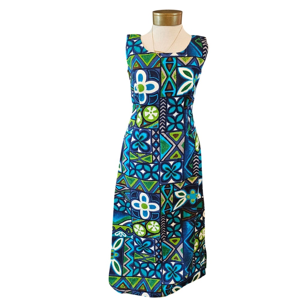 Handmade 60s Vintage Blue Green Geometric Floral Barkcloth Maxi Dress sz4-6 Tiki
